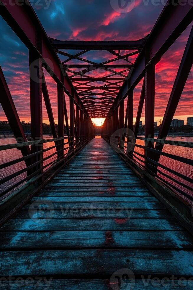 Wooden plank walkway leading to a beautiful sunset on the lake. . photo