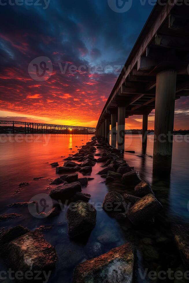 Wooden plank walkway leading to a beautiful sunset on the lake. . photo