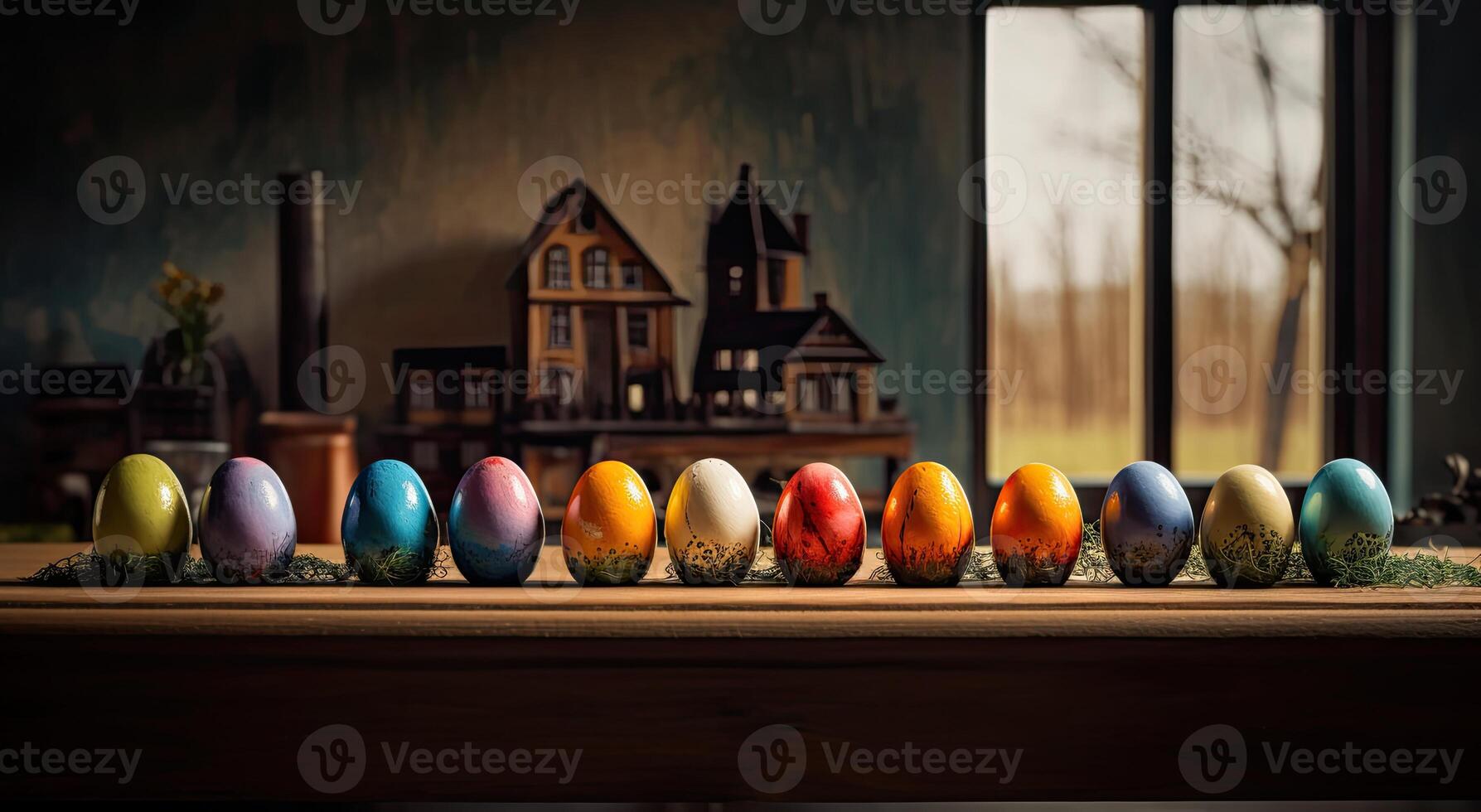 row of colorful easter eggs on wooden table and bokeh background, place for typography and logo. Rustic wooden table. Easter theme. . photo