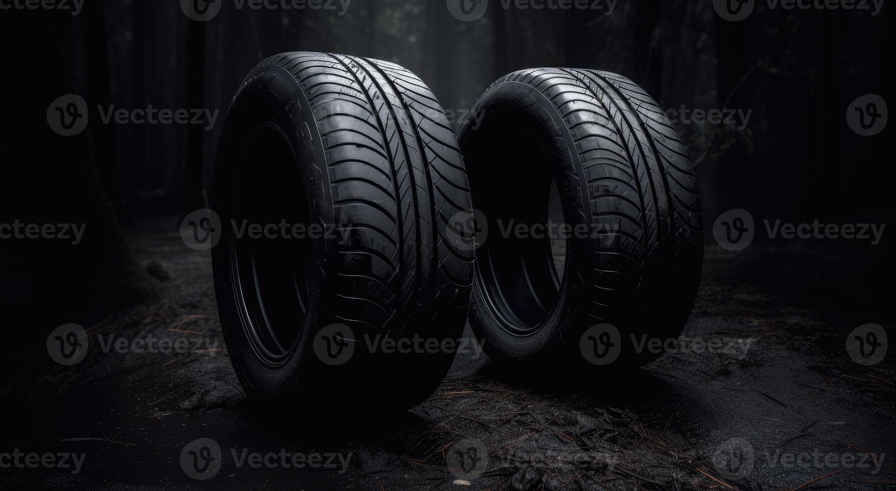 New car tires. Group of road wheels on dark background. Summer Tires with asymmetric tread design. Driving car concept. . photo