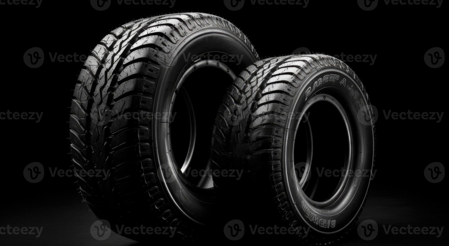 New car tires. Group of road wheels on dark background. Summer Tires with asymmetric tread design. Driving car concept. . photo