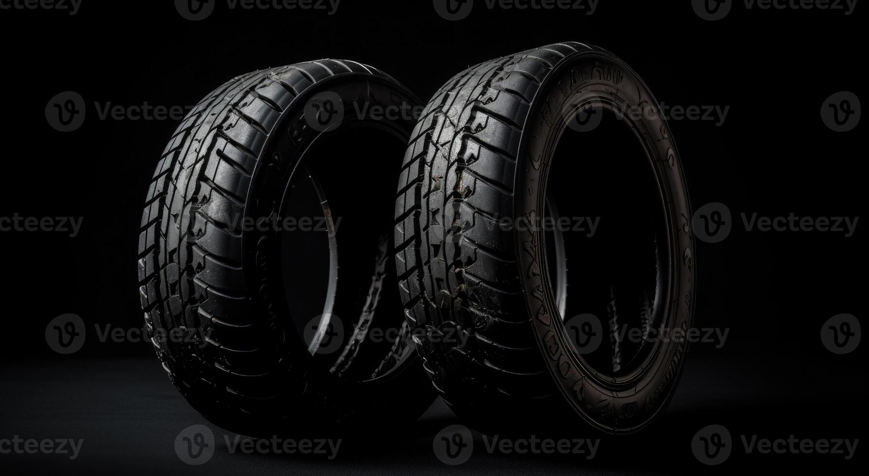 New car tires. Group of road wheels on dark background. Summer Tires with asymmetric tread design. Driving car concept. . photo