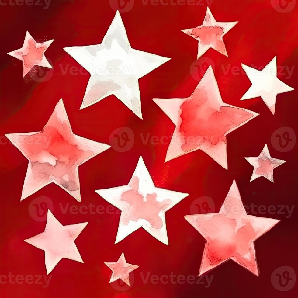 acuarela estrellas sin costura modelo. dibujado a mano blanco estrellas en rojo antecedentes diseño. resumen sin costura modelo. grunge antecedentes. generativo ai foto