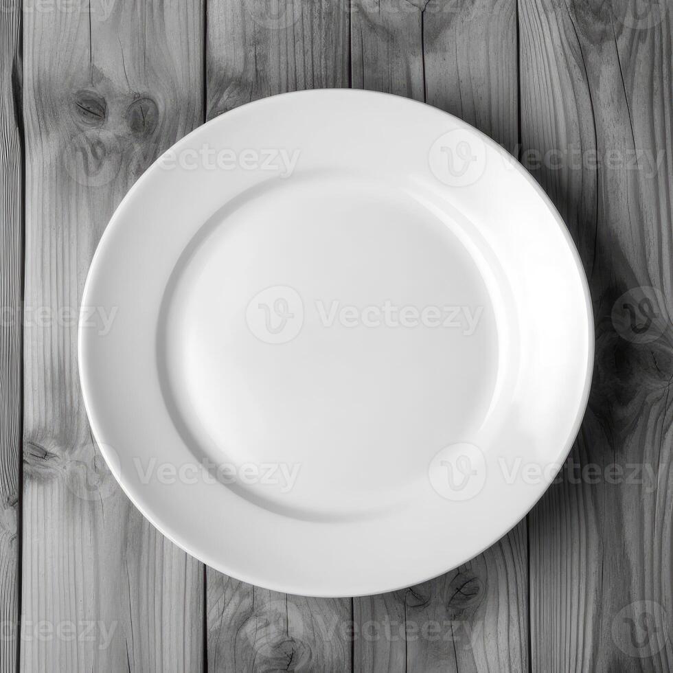 un vacío plato en un blanco de madera mesa. parte superior ver de blanco cerámico plato en blanco de madera. generativo ai. foto