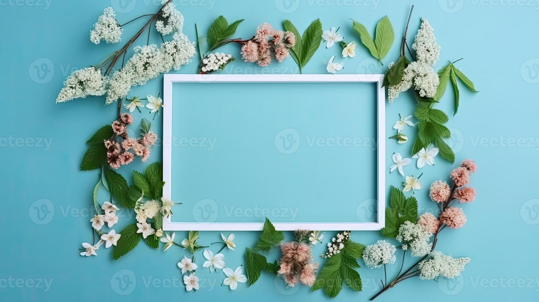 Flowers composition romantic. flowers, photo frame on pastel blue background. Valentine's Day, Easter, Birthday, Happy Women's Day, Mother's day. Flat lay, top view, copy space.