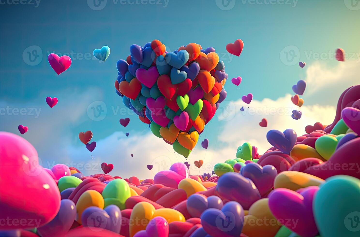 Colorful heart shape balloon with blue sky. Valentine's day background with heart shaped balloons. . photo