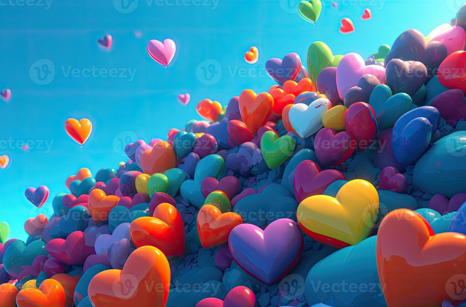 Colorful heart shape balloon with blue sky. Valentine's day background with heart shaped balloons. . photo