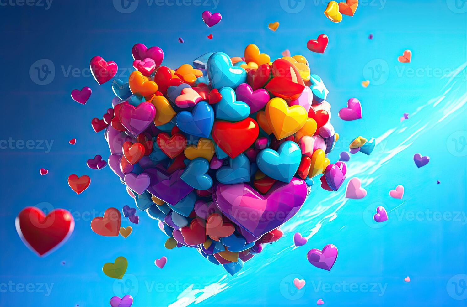 Colorful heart shape balloon with blue sky. Valentine's day background with heart shaped balloons. . photo