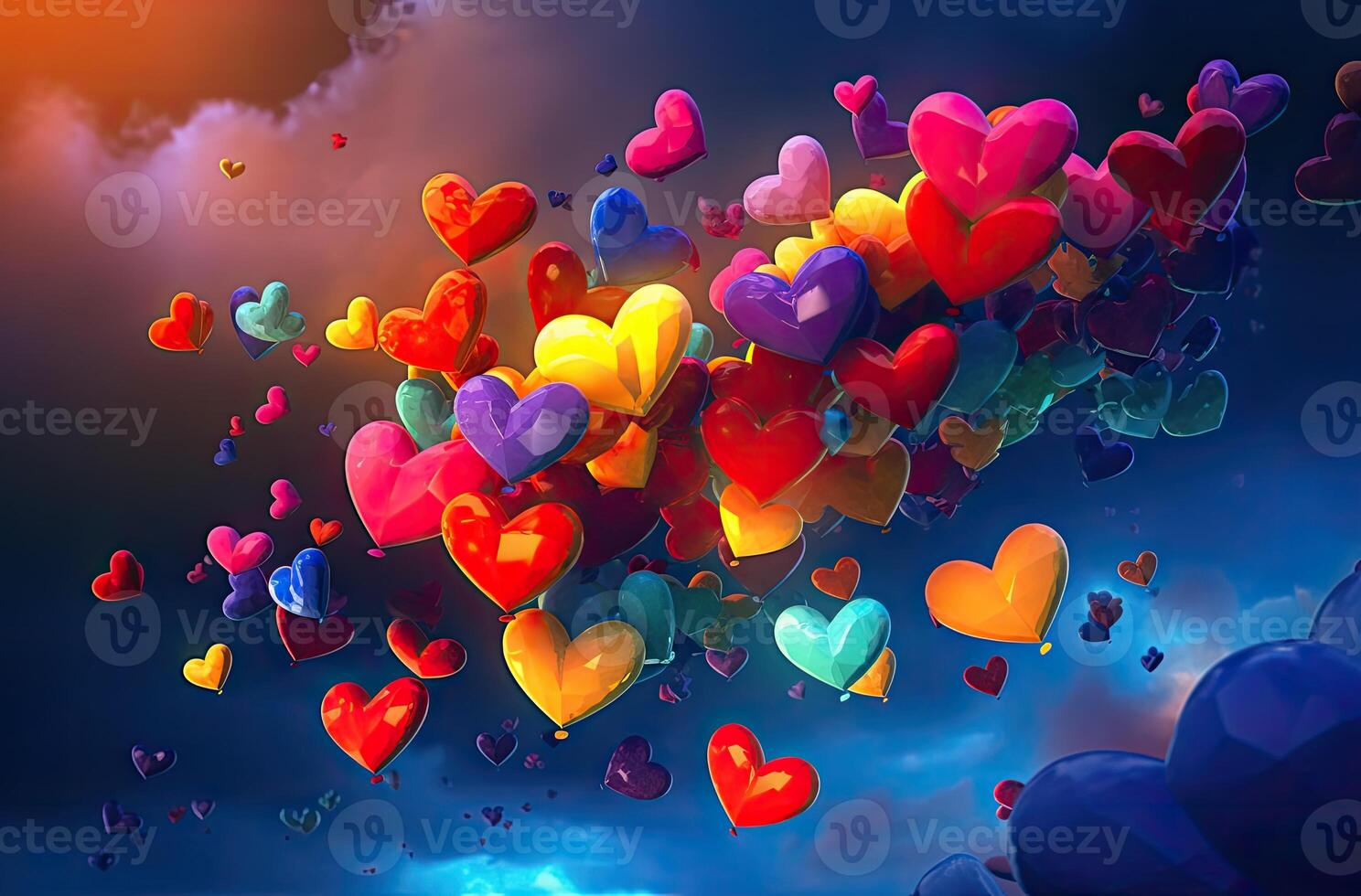Colorful heart shape balloon with blue sky. Valentine's day background with heart shaped balloons. . photo