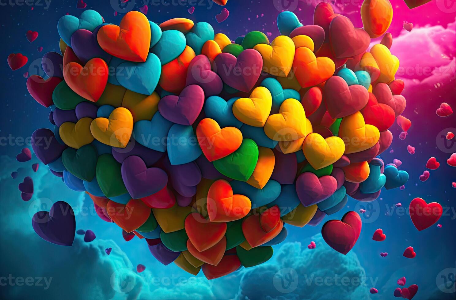 Colorful heart shape balloon with blue sky. Valentine's day background with heart shaped balloons. . photo
