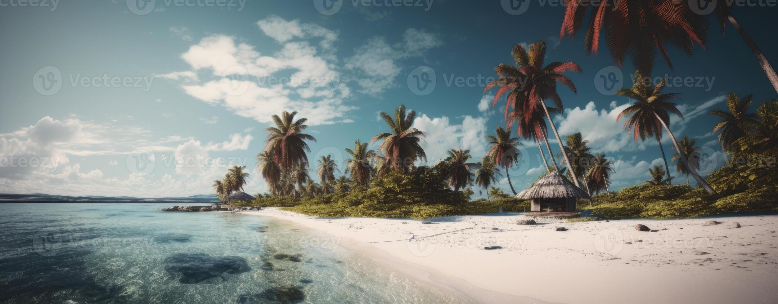tropical paradise beach with white sand and coco palms travel tourism wide panorama background concept. . photo