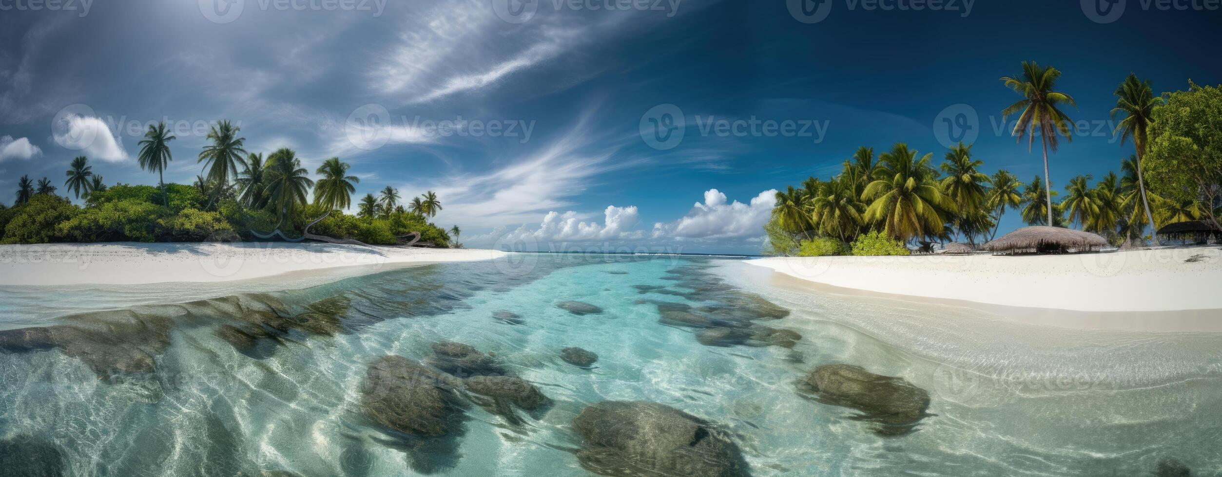 tropical paradise beach with white sand and coco palms travel tourism wide panorama background concept. . photo