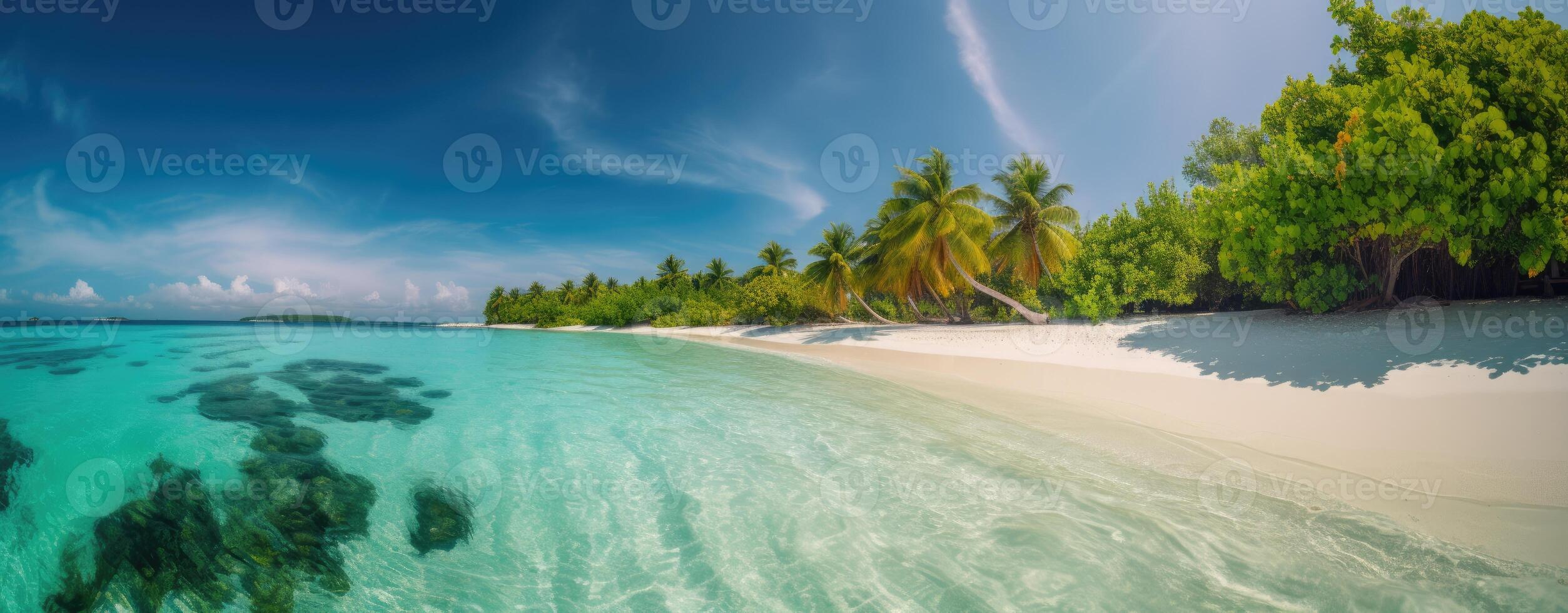 tropical paradise beach with white sand and coco palms travel tourism wide panorama background concept. . photo