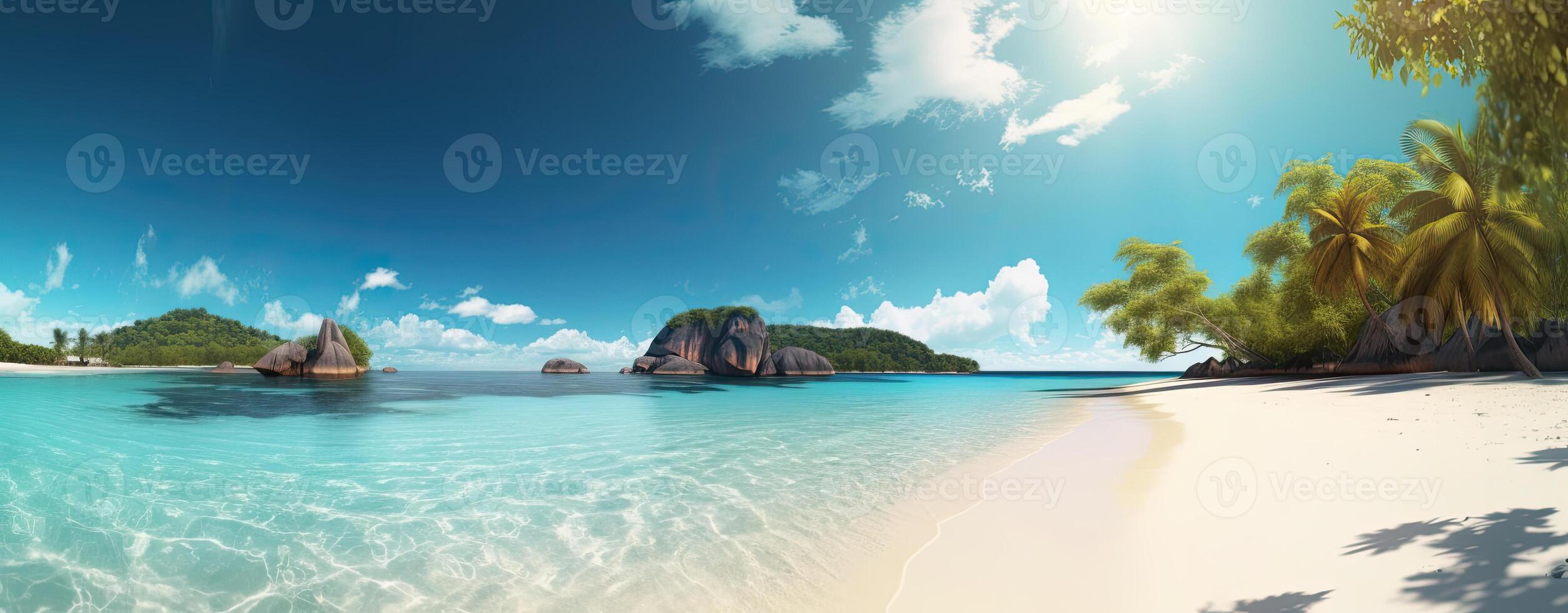 tropical paradise beach with white sand and coco palms travel tourism wide panorama background concept. . photo