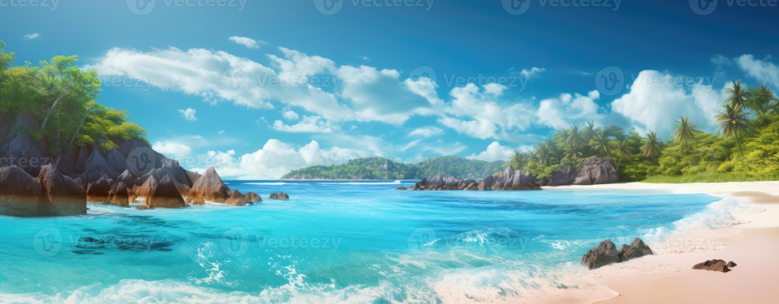 tropical paradise beach with white sand and coco palms travel tourism wide panorama background concept. . photo