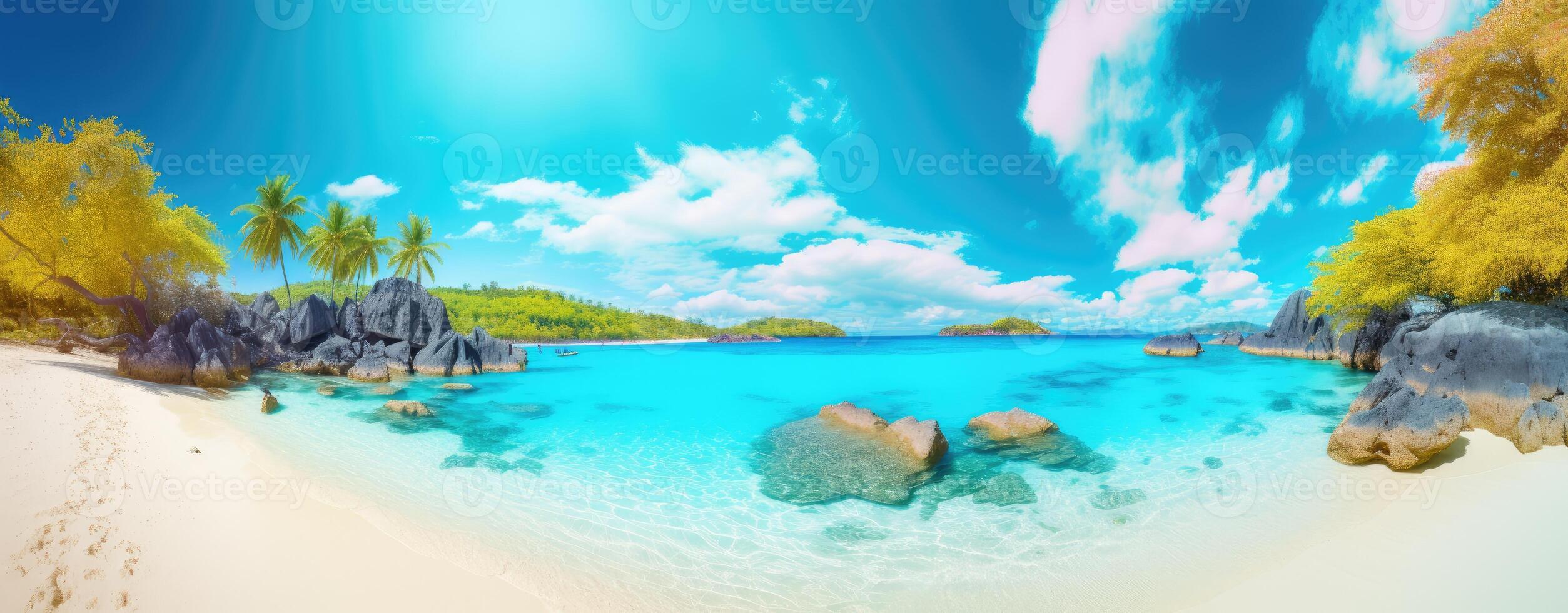 tropical paradise beach with white sand and coco palms travel tourism wide panorama background concept. . photo