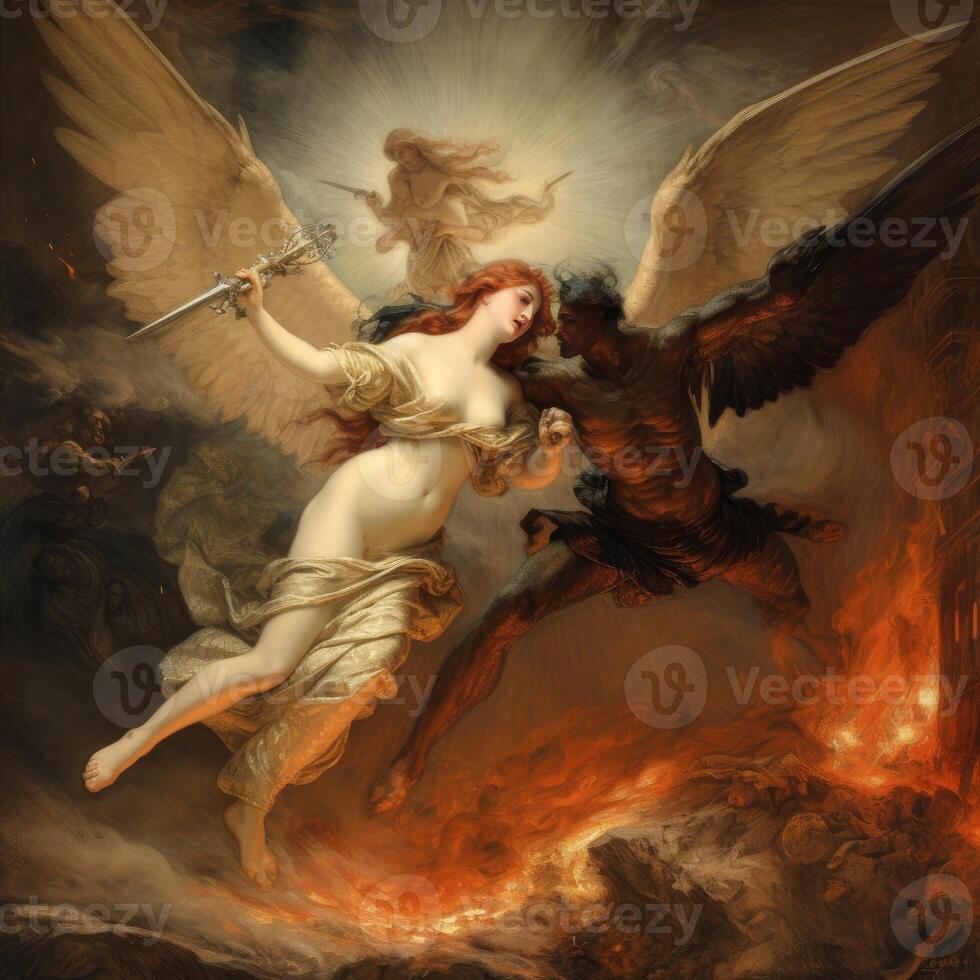 A beautiful angel is battling with a danger devil photo