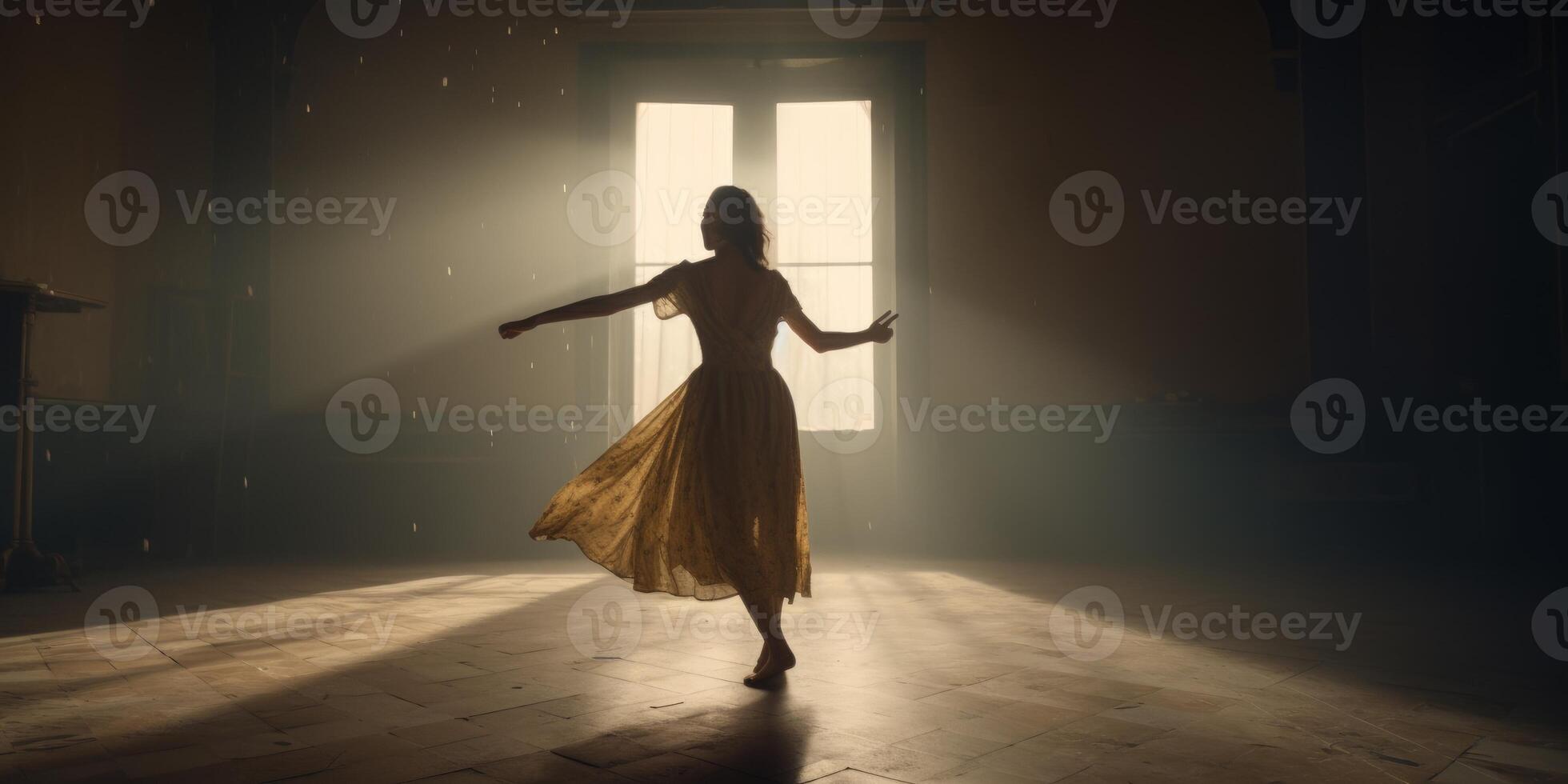 A little girl dancing in empty room in a movie photo