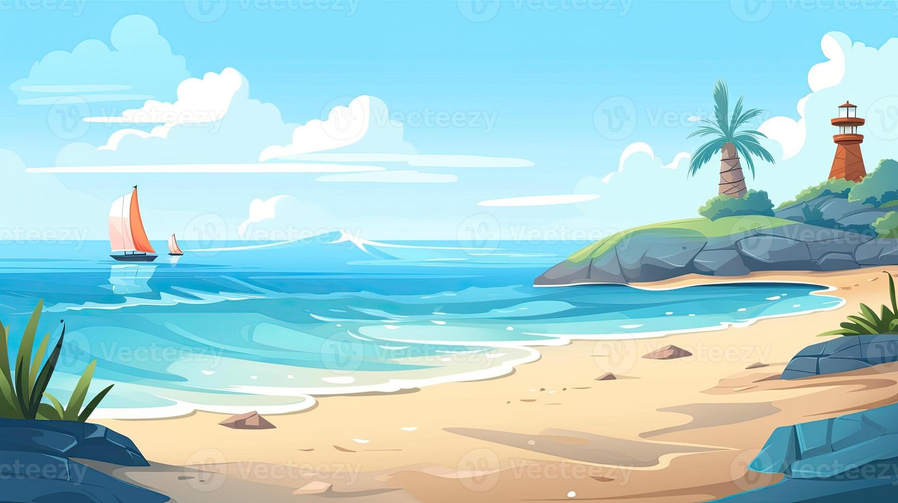 Sky and sun at sea background, ocean and beach vector island scenery empty cartoon. Ocean or sea water with waves and clouds in sky summer blue seascape with cloudy sky and seaside. photo