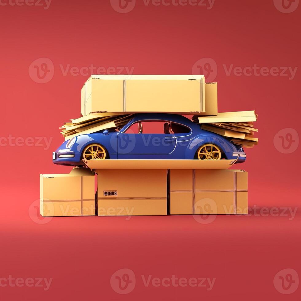 3D render of a sports blue car between the boxes photo