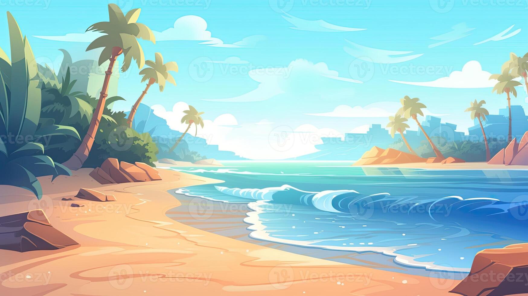 Sky and sun at sea background, ocean and beach vector island scenery empty cartoon. Ocean or sea water with waves and clouds in sky summer blue seascape with cloudy sky and seaside. photo