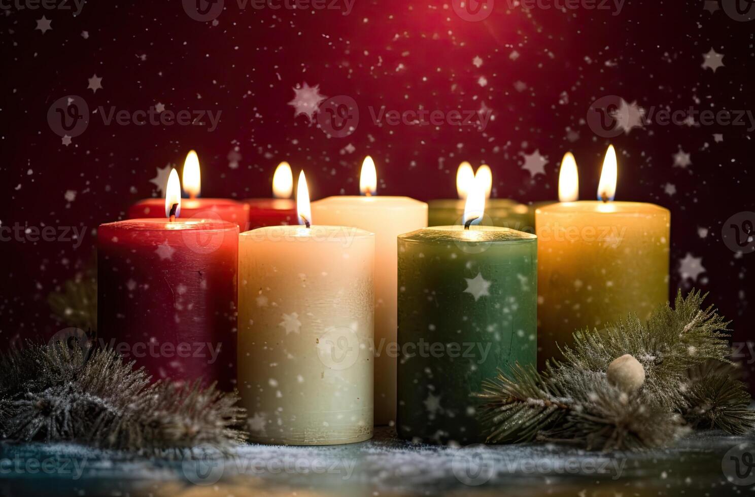 Burning candle and Christmas decoration over snow and wooden background. . photo