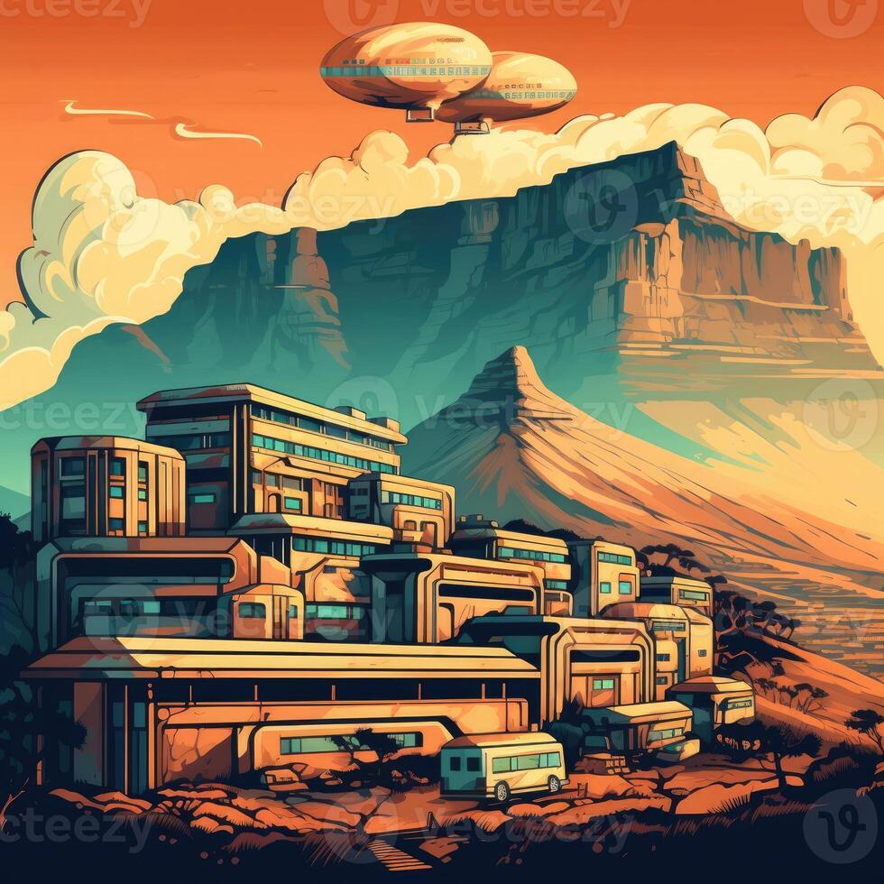 Illustration of Exoplanet fantastic landscape. Beautiful views of the mountains and sky with unexplored planets. . photo