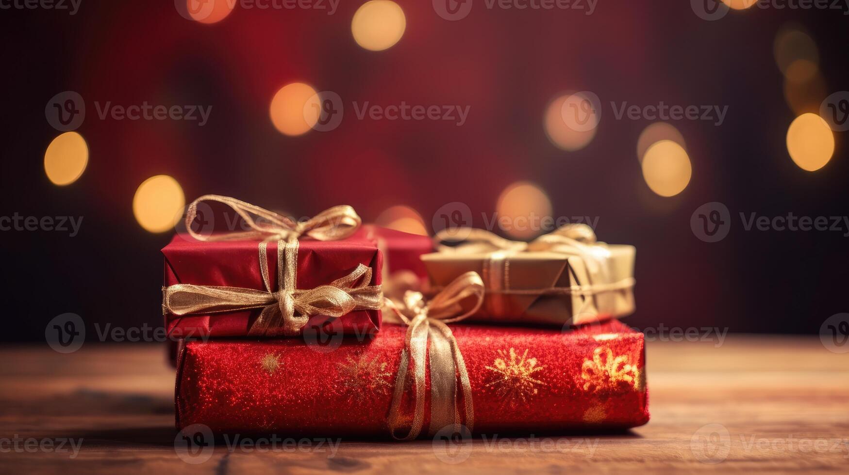 Christmas presents wrapped in red paper with gold ribbon on on wooden table background and bokeh. Place for typography and logo. Copy space. . photo