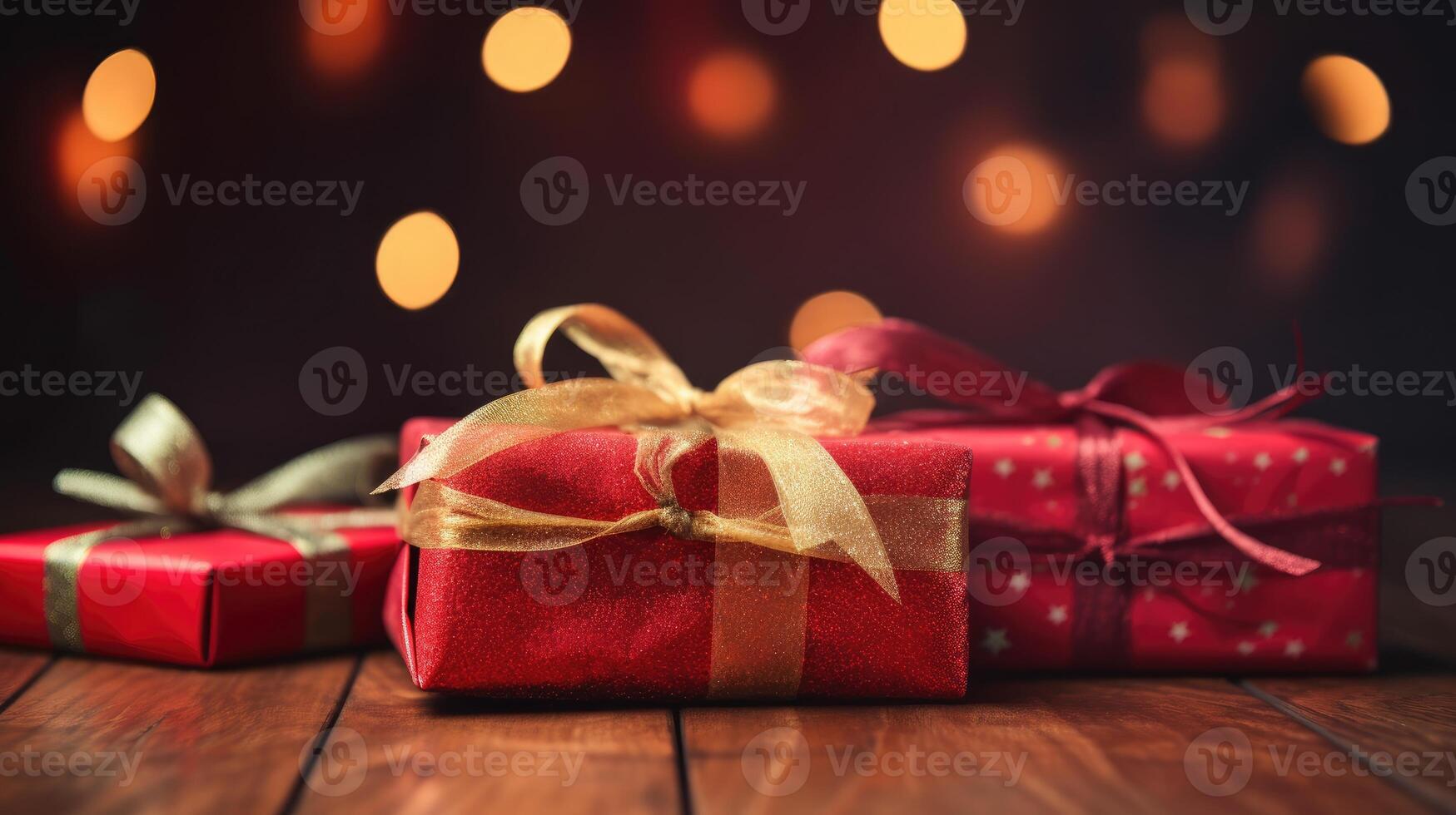 Christmas presents wrapped in red paper with gold ribbon on on wooden table background and bokeh. Place for typography and logo. Copy space. . photo