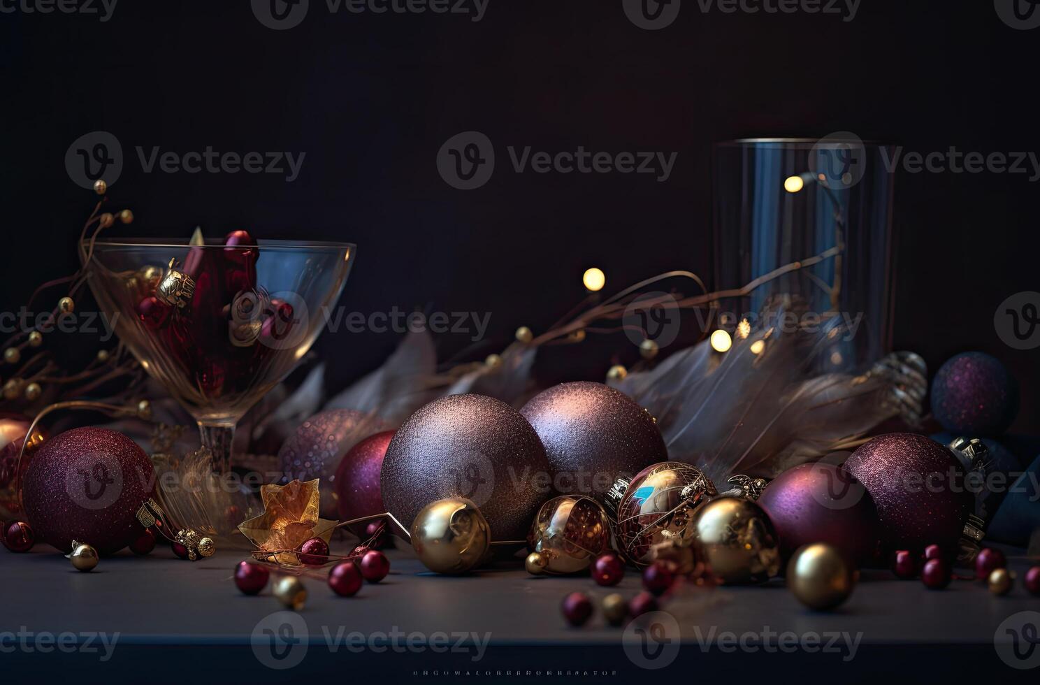 Close up view of beautiful with shiny gold bauble or ball, xmas ornaments and lights, christmas holidays background. . photo