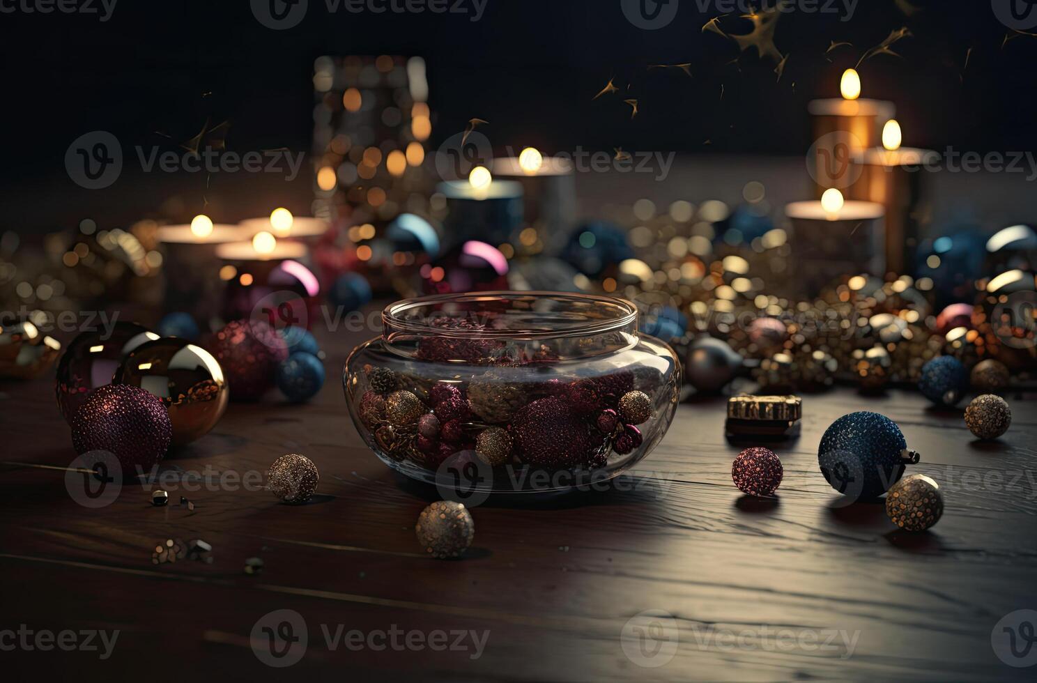 Close up view of beautiful with shiny gold bauble or ball, xmas ornaments and lights, christmas holidays background. . photo