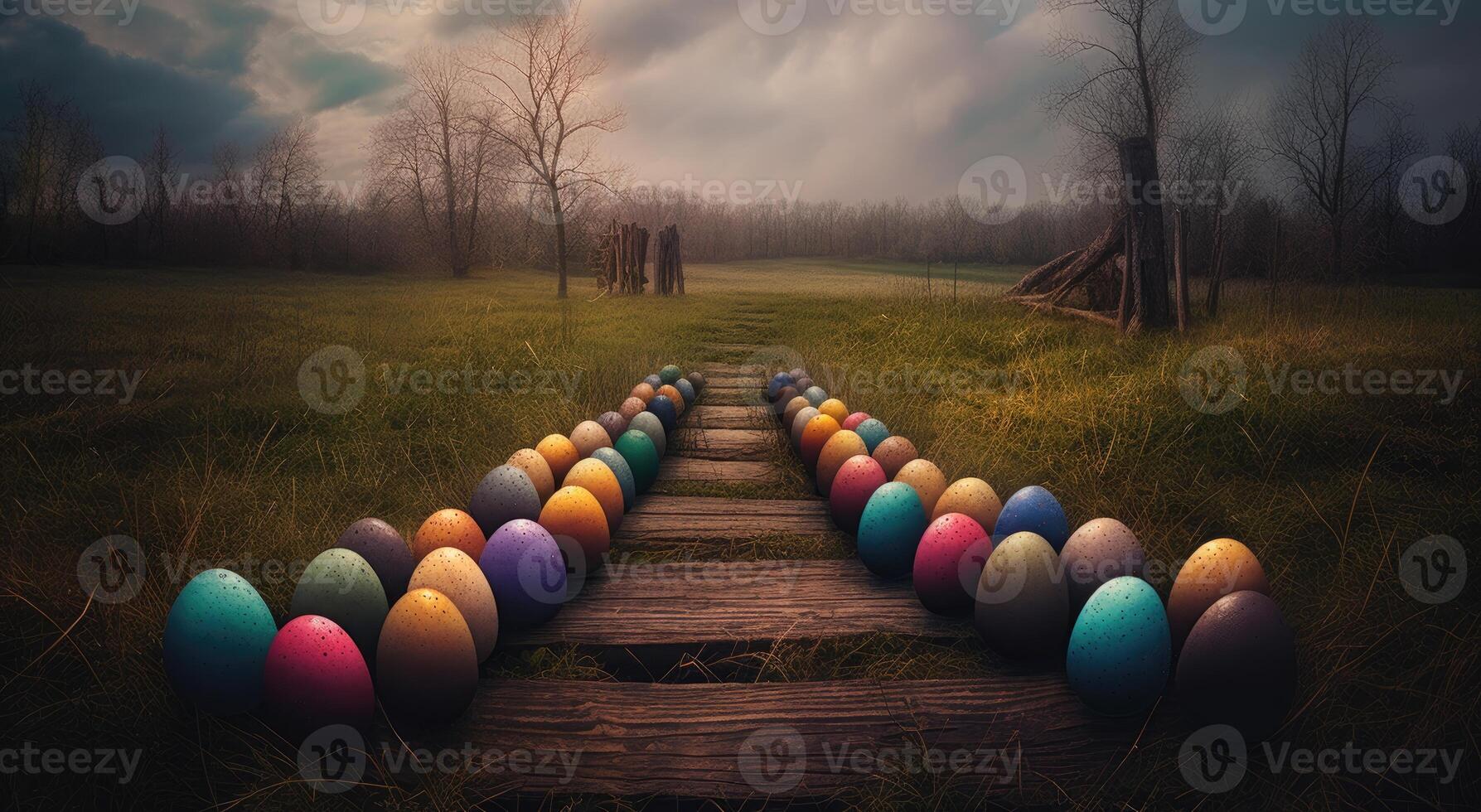 row of colorful easter eggs on wooden table and bokeh background, place for typography and logo. Rustic wooden table. Easter theme. . photo