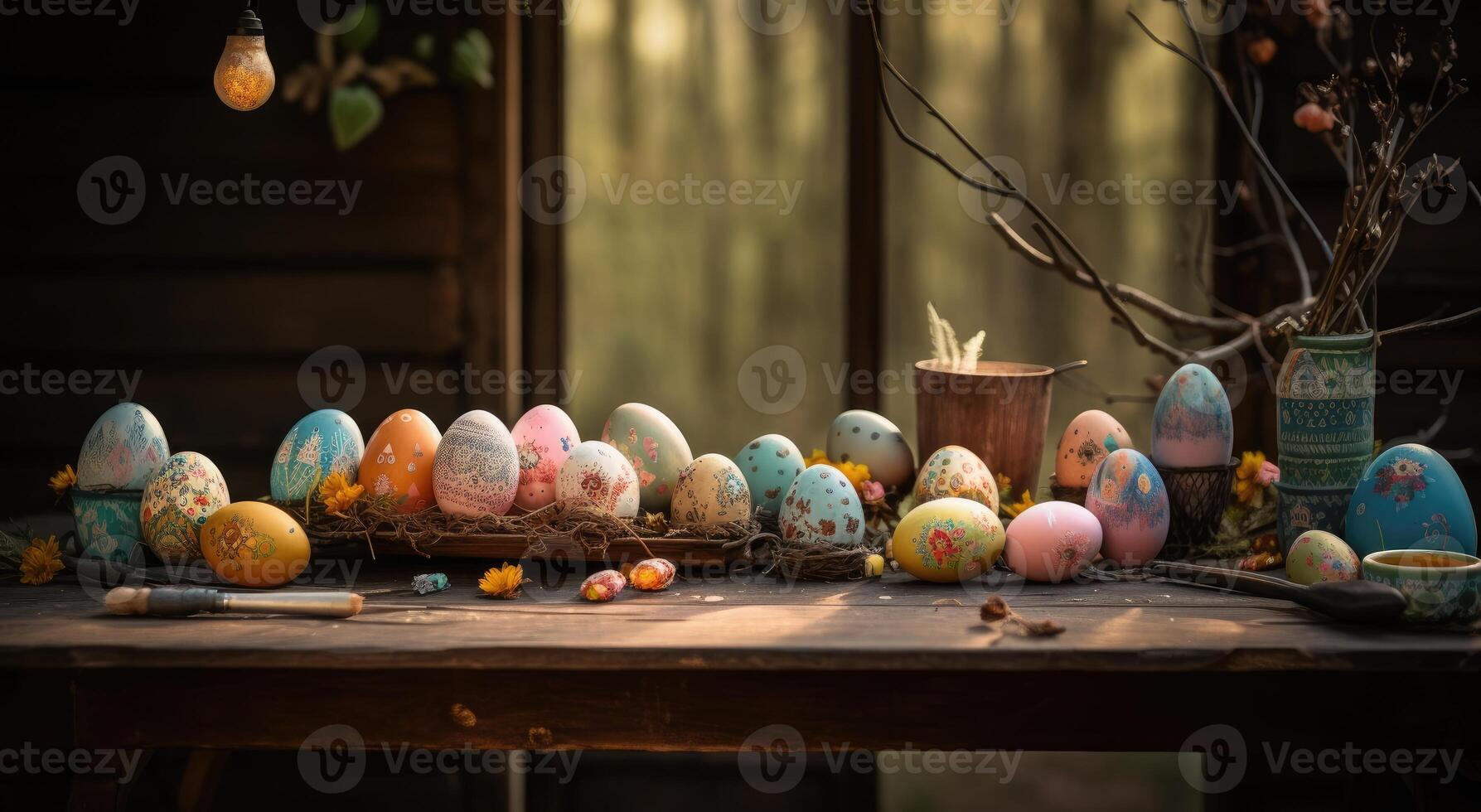 row of colorful easter eggs on wooden table and bokeh background, place for typography and logo. Rustic wooden table. Easter theme. . photo