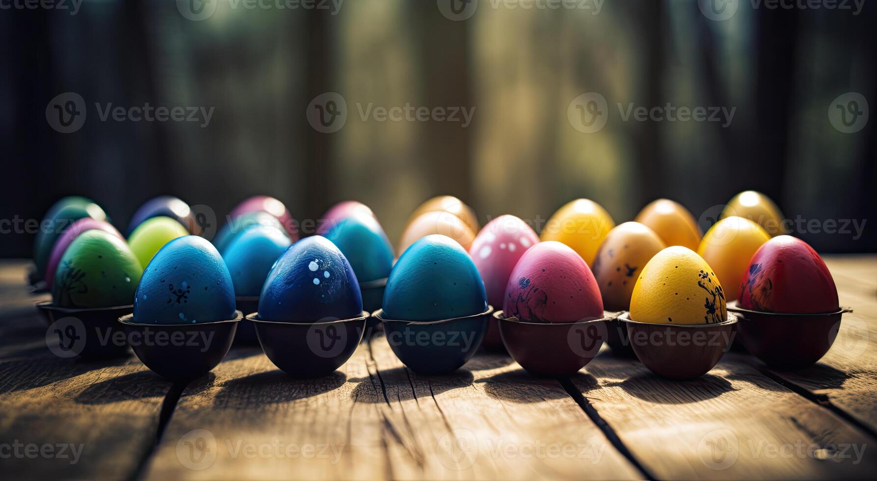 row of colorful easter eggs on wooden table and bokeh background, place for typography and logo. Rustic wooden table. Easter theme. . photo