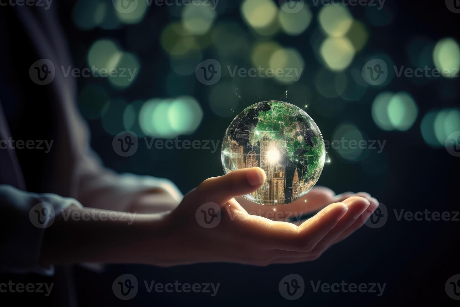Hands protecting globe of green tree on tropical nature summer background, Ecology and Environment concept. . photo