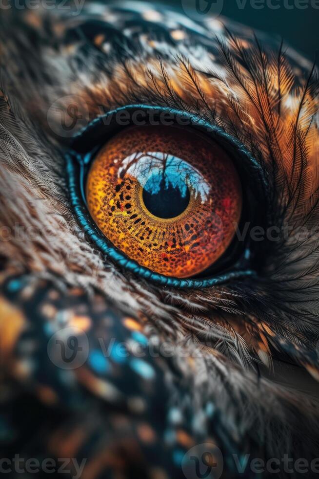 Owl's eye extreme close-up, macro photo, Eye of the Short-eared Owl, Asio flammeus. Portrait of Great Grey Owl or Lapland Owl, Strix nebulosa, a very large owl, eye. . photo