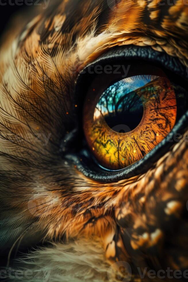 Owl's eye extreme close-up, macro photo, Eye of the Short-eared Owl, Asio flammeus. Portrait of Great Grey Owl or Lapland Owl, Strix nebulosa, a very large owl, eye. . photo