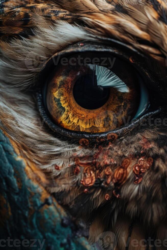 Owl's eye extreme close-up, macro photo, Eye of the Short-eared Owl, Asio flammeus. Portrait of Great Grey Owl or Lapland Owl, Strix nebulosa, a very large owl, eye. . photo