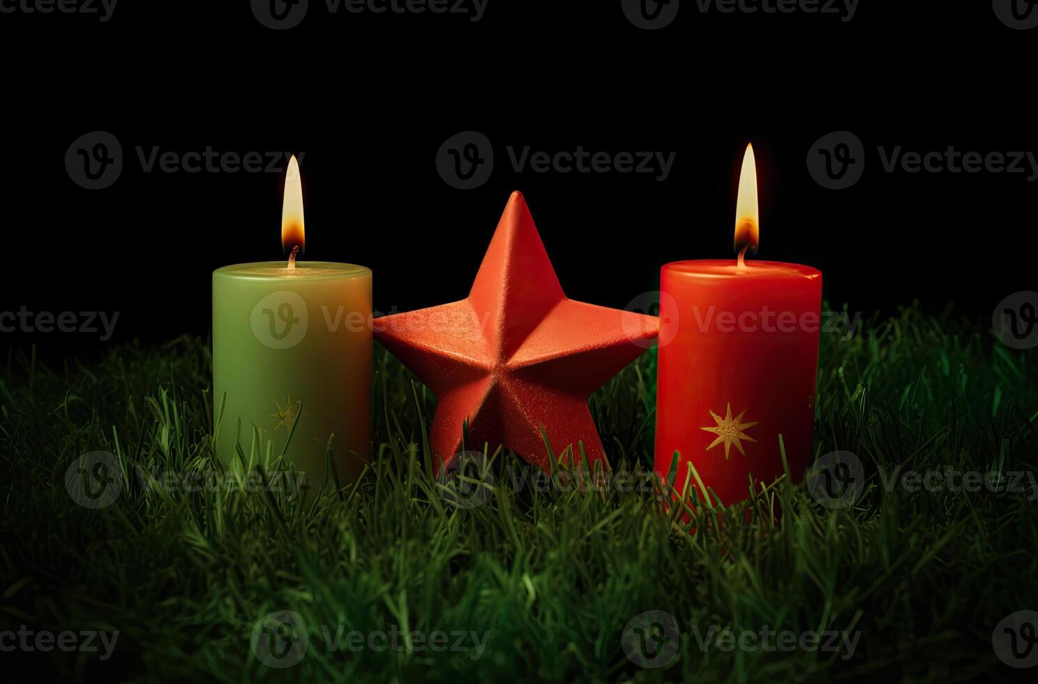 adviento vela, abeto árbol ramas y fiesta decoraciones en nieve en contra ligero guirnalda antecedentes. Navidad tarjeta. generativo ai. foto