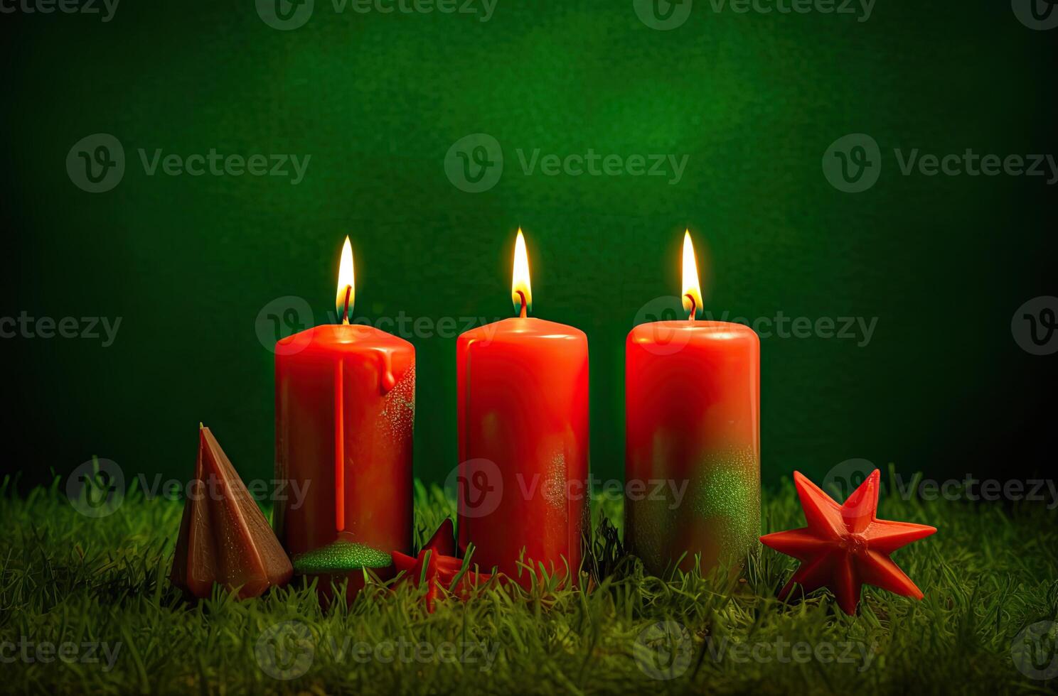 Advent candle, fir tree branches and holiday decorations in snow against light garland background. Christmas card. . photo