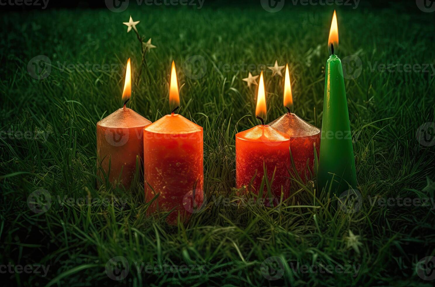 Advent candle, fir tree branches and holiday decorations in snow against light garland background. Christmas card. . photo