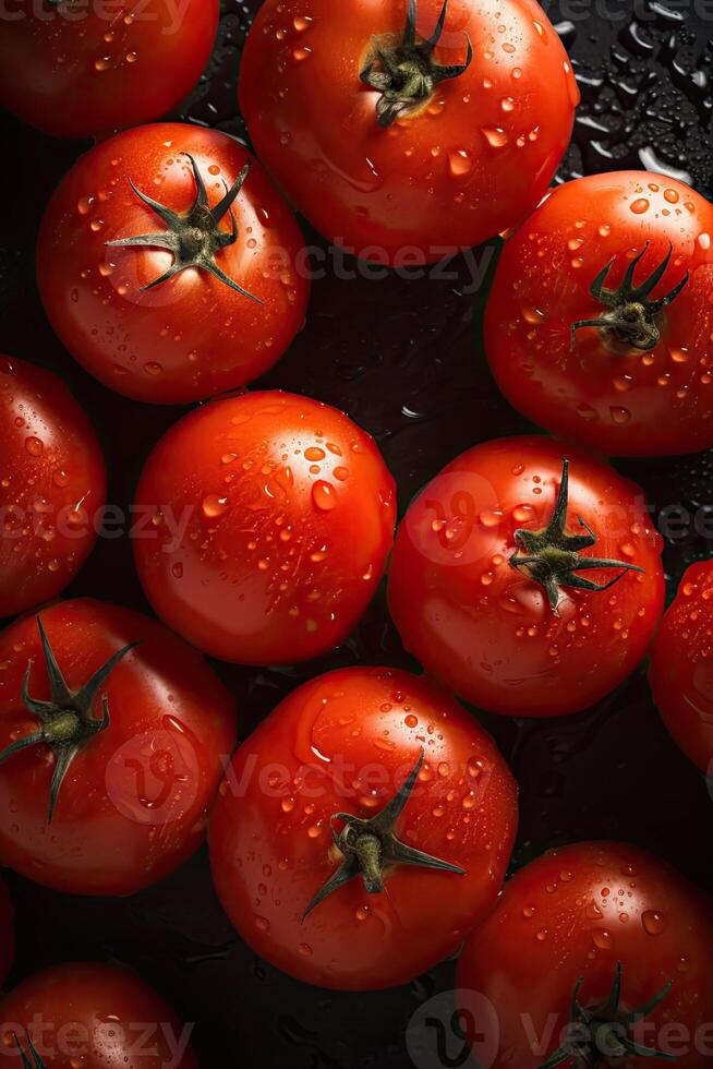 Fresco Tomates en gotas de Rocío como un antecedentes. generativo ai. foto