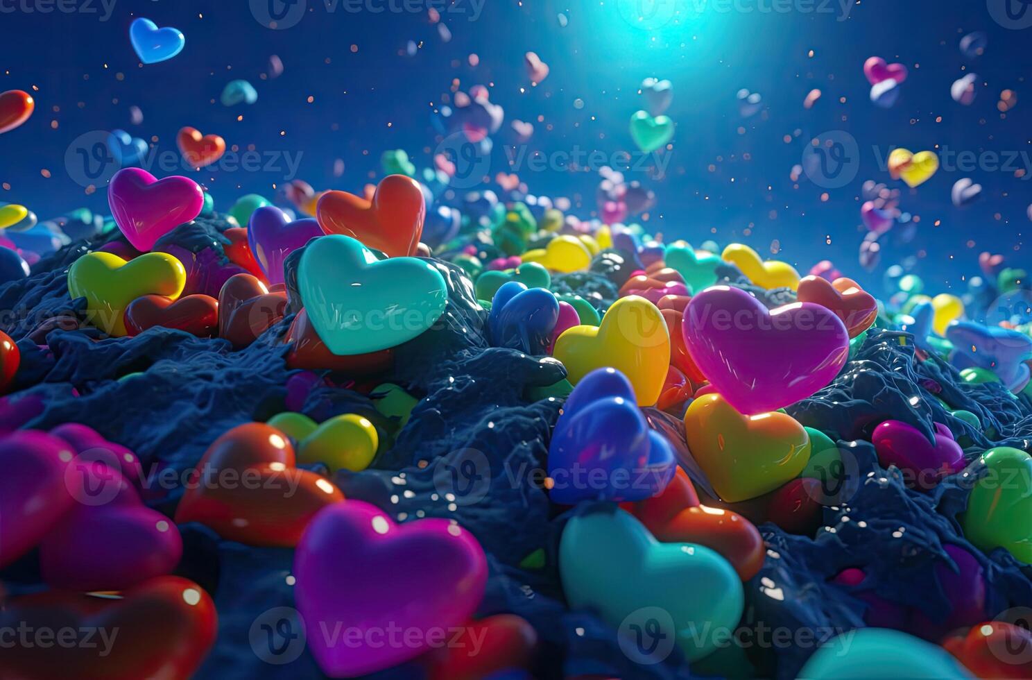 Colorful heart shape balloon with blue sky. Valentine's day background with heart shaped balloons. . photo