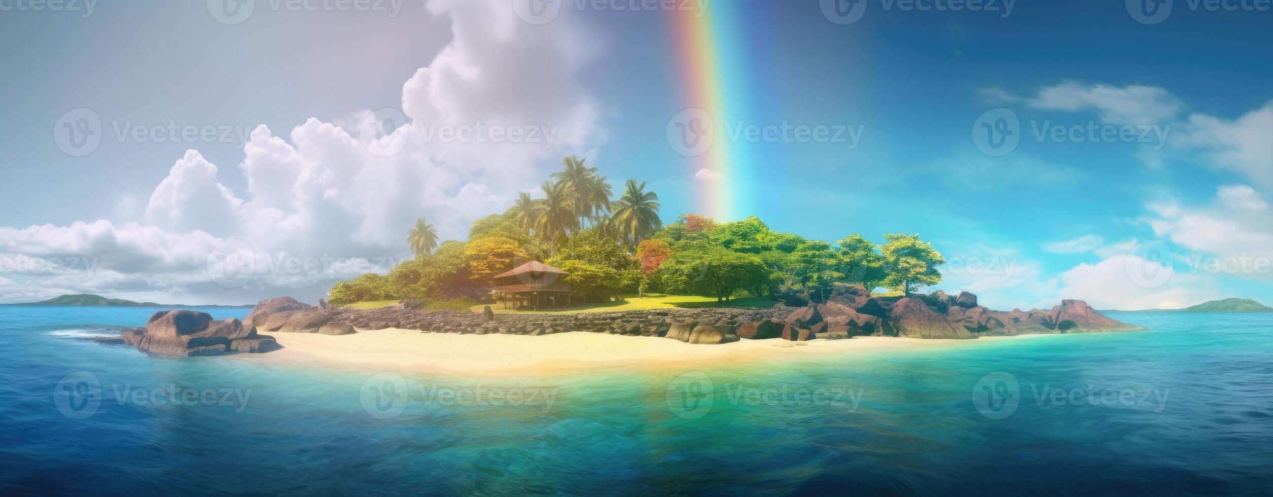 tropical paradise beach with white sand and coco palms travel tourism wide panorama background concept. . photo