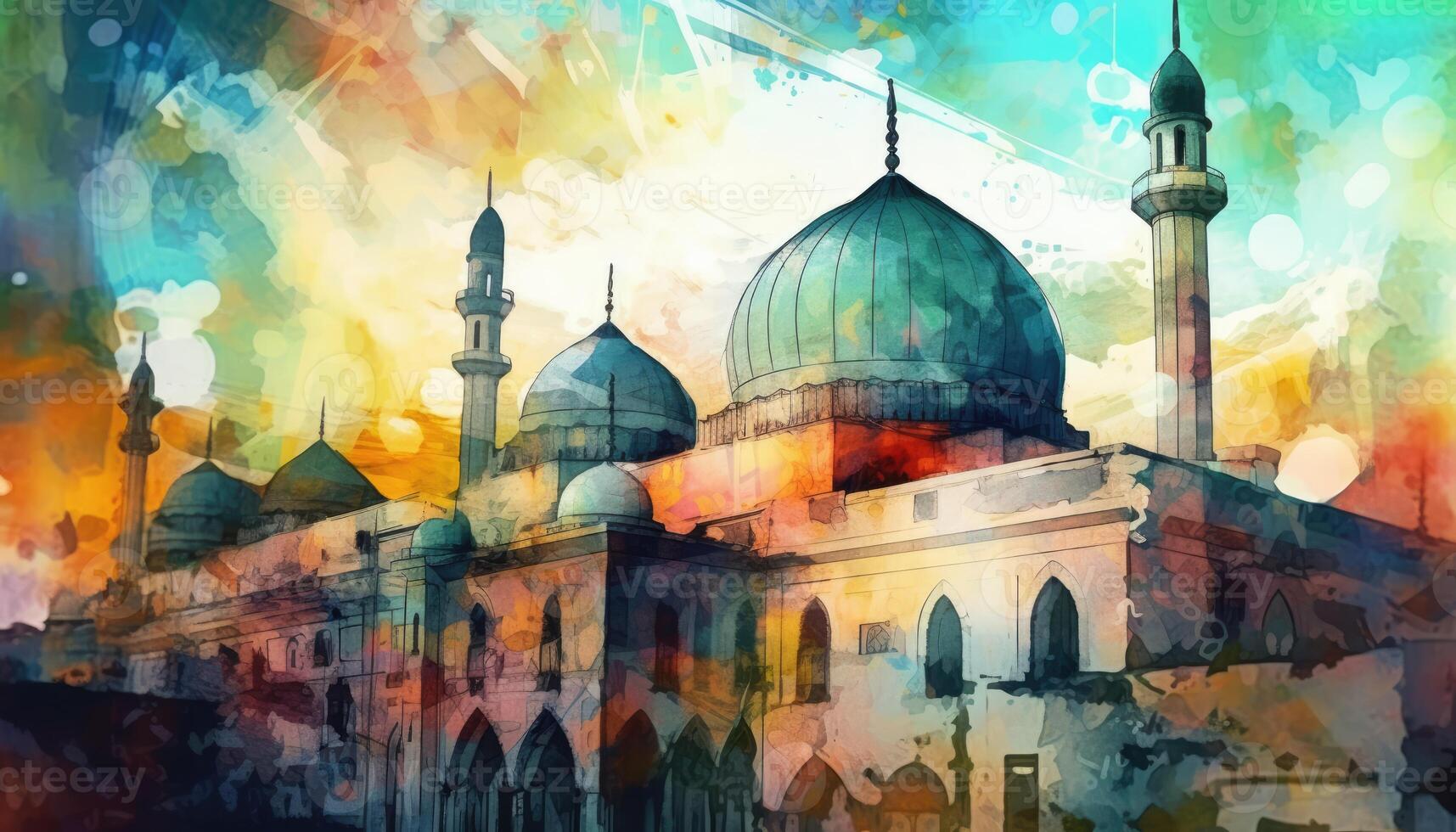 water color painting Arabic Islamic Typography design Mawlid al-Nabawai al-Sharif greeting card with dome and minaret of the Prophet's Mosque. photo