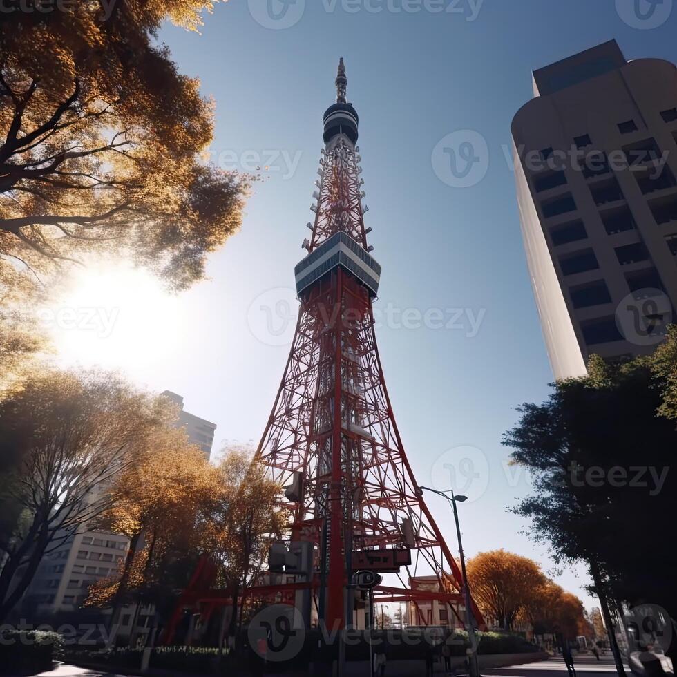 Tokyo Tower in close up view with clear blue sky, famous landmark of Tokyo, Japan. . photo