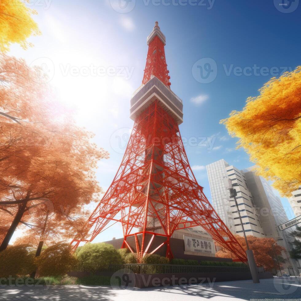 Tokyo Tower in close up view with clear blue sky, famous landmark of Tokyo, Japan. . photo
