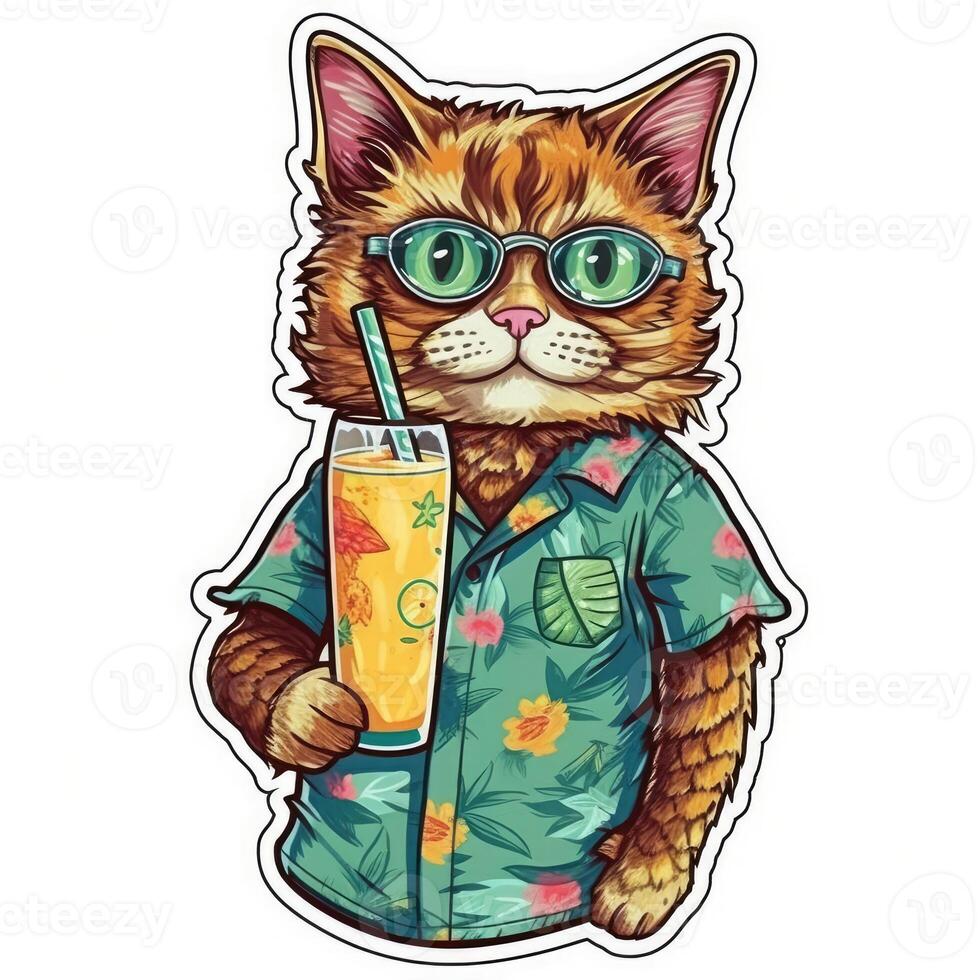 The cute cat wears a Hawaii shirt and holding a cocktail in his hand. Vector illustration. . photo