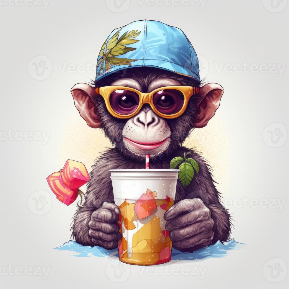 ilustración de mono en Gafas de sol y gorra bebidas jugo en verano estación. generativo ai. foto