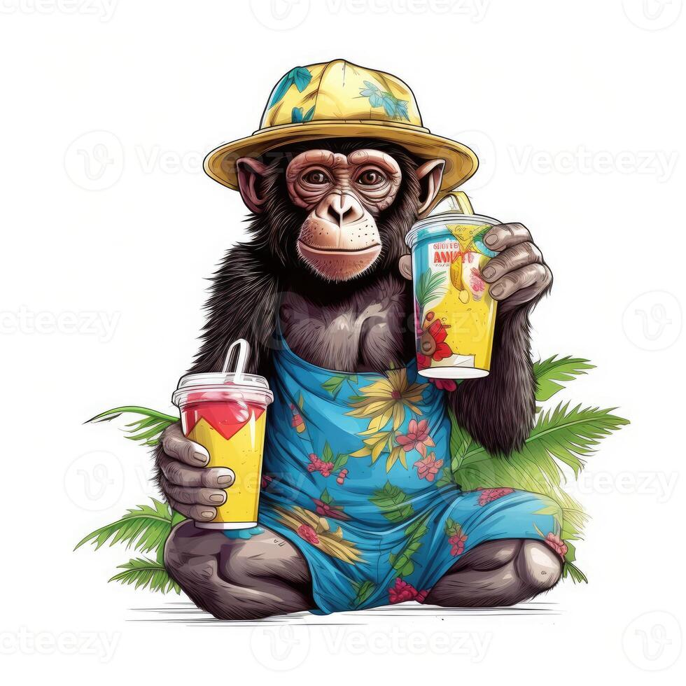 Illustration of Monkey in sunglasses and cap drinks juice in Summer Season. . photo